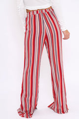 Red Multi Stripe Side Popper Wide Leg Trousers - Leah