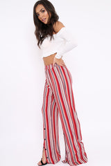 Red Multi Stripe Side Popper Wide Leg Trousers - Leah