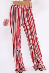 Red Multi Stripe Side Popper Wide Leg Trousers - Leah