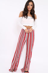 Red Multi Stripe Side Popper Wide Leg Trousers - Leah