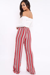 Red Multi Stripe Side Popper Wide Leg Trousers - Leah