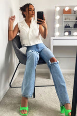 White Sleeveless Blazer Top - Frankiee