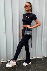 Black Cut Out Short Sleeve Slinky Crop Top - Harriet
