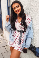 White Heart Print Plunge Ruffle Detail Mini Dress - Nicolle