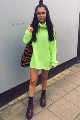 Neon Lime Green Roll Neck Jumper Dress - Freylynn