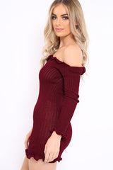 Wine Knitted Bardot Frill Dress - Leisha