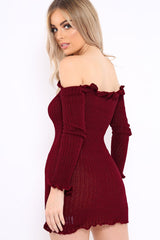 Wine Knitted Bardot Frill Dress - Leisha