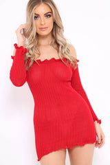Red Knitted Bardot Frill Dress - Leisha