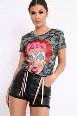 Khaki Camo Crew Neck Girls Face T Shirt with Tassels - Lenna