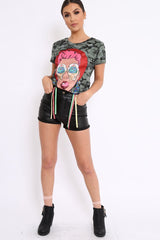 Khaki Camo Crew Neck Girls Face T Shirt with Tassels - Lenna