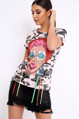 Pink Camo Crew Neck Girls Face T Shirt with Tassels - Lenna
