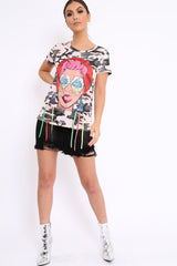 Pink Camo Crew Neck Girls Face T Shirt with Tassels - Lenna