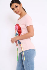 Pink Crew Neck Girls Face T Shirt with Tassels - Lenna