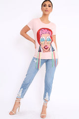 Pink Crew Neck Girls Face T Shirt with Tassels - Lenna