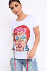 White Crew Neck Girls Face T Shirt with Tassels - Lenna