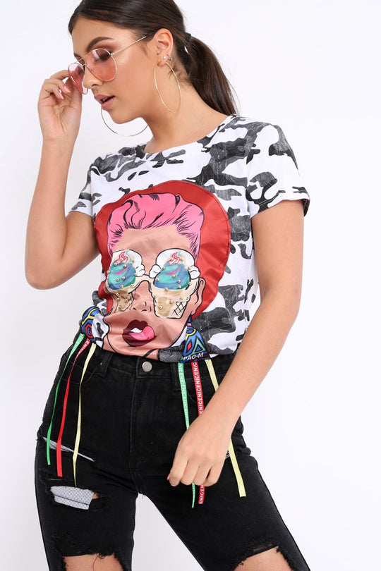 White Camo Crew Neck Girls Face T shirt with Tassels - Lenna