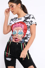 White Camo Crew Neck Girls Face T shirt with Tassels - Lenna