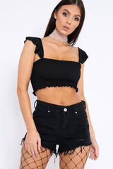 Black Smocked Frill Crop Top - Lenni
