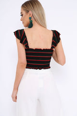 Black Red and Green Striped Smocked Frill Crop Top - Lenni