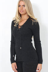 Lennie Dark Grey Ribbed Lace Up Loungewear Set