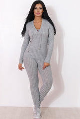 Lennie Light Grey Ribbed Lace Up Loungewear Set