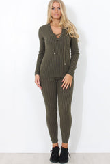 Lennie Khaki Ribbed Lace Up Loungewear Set