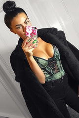 Khaki Snake Print Lace Panelled Bodysuit - Lenya