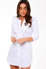 White Frill Detail Shirt Dress - Leona