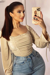 Stone Ruched Panel Tie Wrist Slinky Bodysuit - Elenna