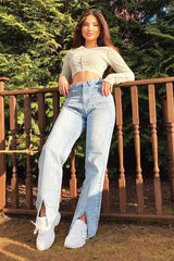 Blue Wash Split Front Straight Jeans - Lilyrose