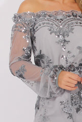 Grey Mesh Layer Sequin Bardot Playsuit - Leonie