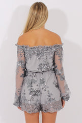 Grey Mesh Layer Sequin Bardot Playsuit - Leonie