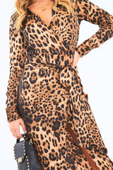 Leopard Print Plunge Wrap Front Maxi Dress - Beni