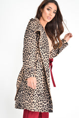 Leopard Faux Suede Eyelet Detail Trench Coat - Leliana