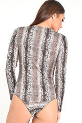 Beige Snake Print Plunge Long Sleeve Bodysuit - Kindra