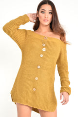 Mustard Bardot Button Front Chunky Knit Jumper Dress - Syanna