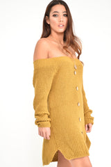 Mustard Bardot Button Front Chunky Knit Jumper Dress - Syanna