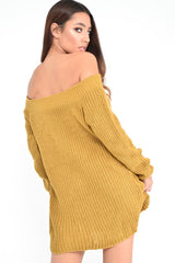 Mustard Bardot Button Front Chunky Knit Jumper Dress - Syanna