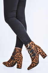 Leopard Triple Buckle Detail Ankle Boots - Ekaterina