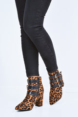 Leopard Triple Buckle Detail Ankle Boots - Ekaterina