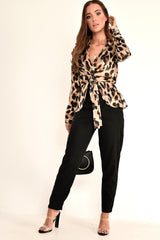 Leopard Knot Front Plunge Shirt - Jurnie