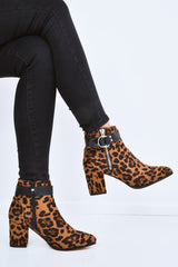 Leopard Print Faux Suede Block Heel Boots - Layney