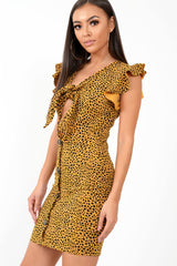 Mustard Leopard Print Tie Button Front Bodycon Dress - Aaira