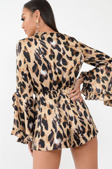 Leopard Print Flared Sleeve Tie Up Playsuit - Deyli