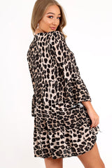 Leopard Plunge Flute Sleeve Shift Dress - Olesya