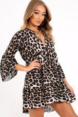 Leopard Plunge Flute Sleeve Shift Dress - Olesya