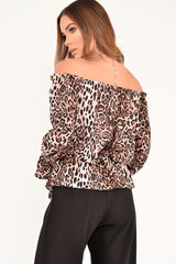Leopard Print Bardot Drawstring Peplum Top - Kloe