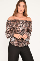 Leopard Print Bardot Drawstring Peplum Top - Kloe