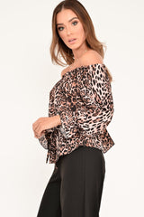 Leopard Print Bardot Drawstring Peplum Top - Kloe