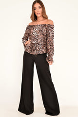 Leopard Print Bardot Drawstring Peplum Top - Kloe